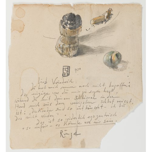 Letter to Viola Rackow, with a Still Life of a Champagne Cork and a Cigarette Butt